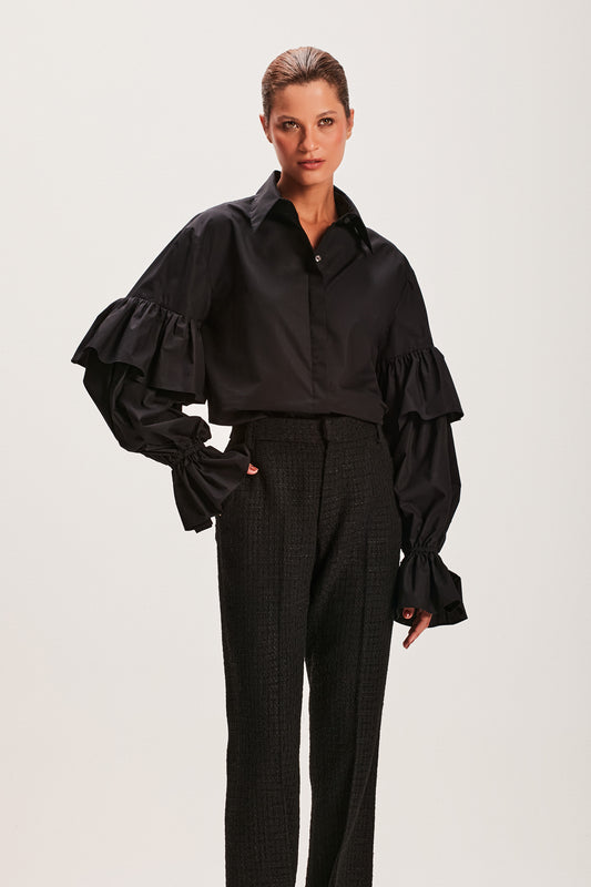 CAMISA TRICOLINE MANGA BABADOS PRETA (8066582315235)