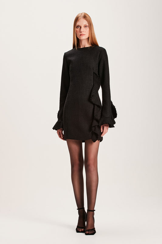 VESTIDO CURTO MANGA LONGA TWEED PRETO (8066583625955)