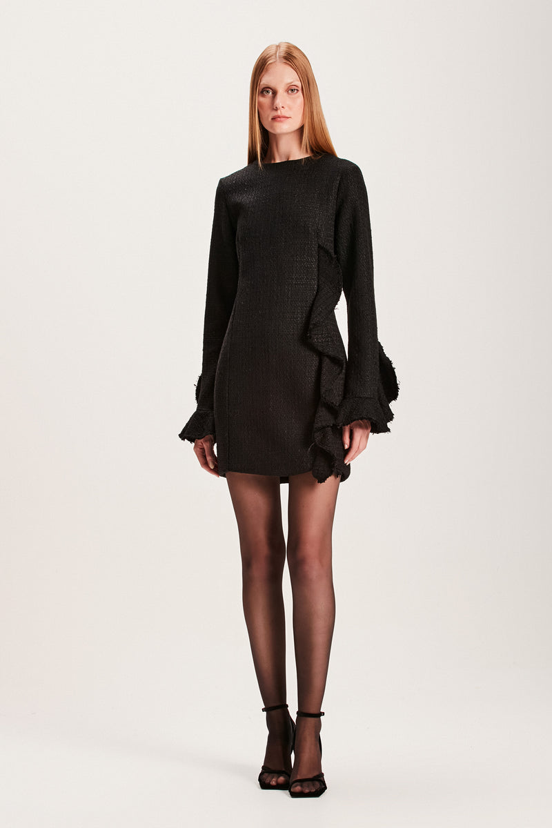 VESTIDO CURTO MANGA LONGA TWEED PRETO (8066583625955)