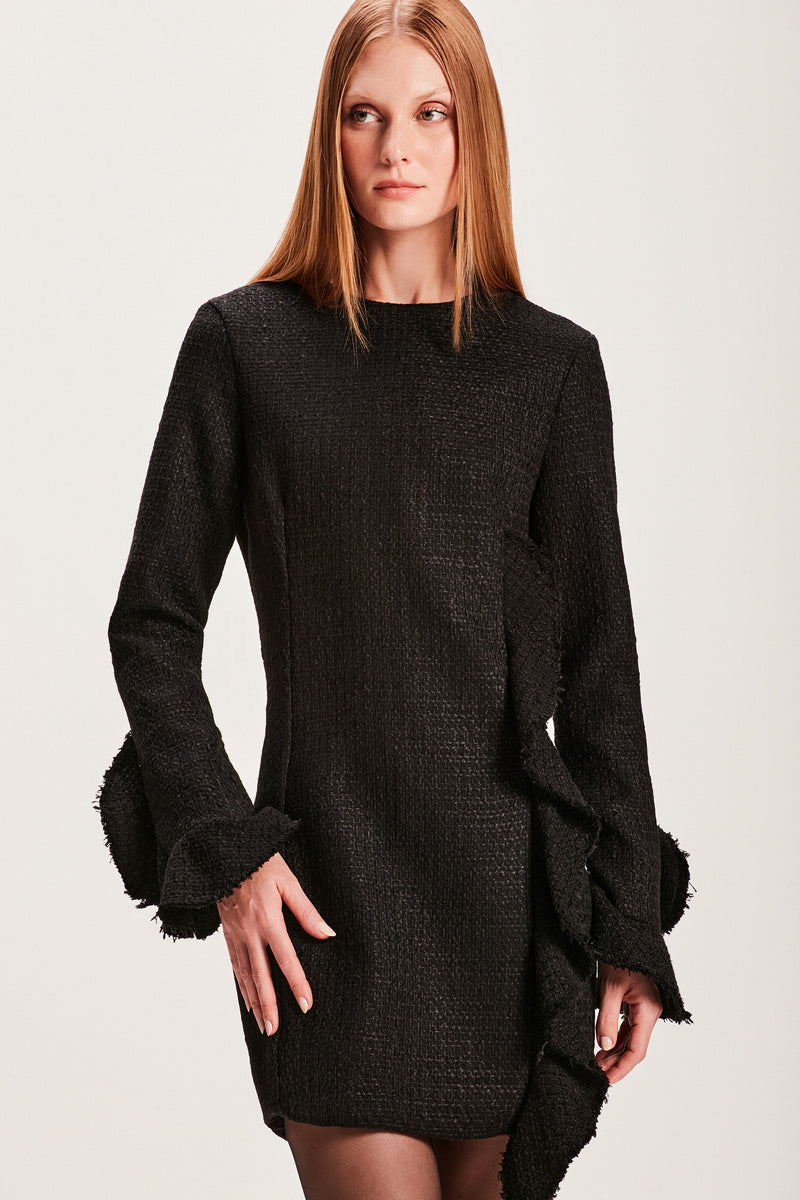 VESTIDO CURTO MANGA LONGA TWEED PRETO (8066583625955)