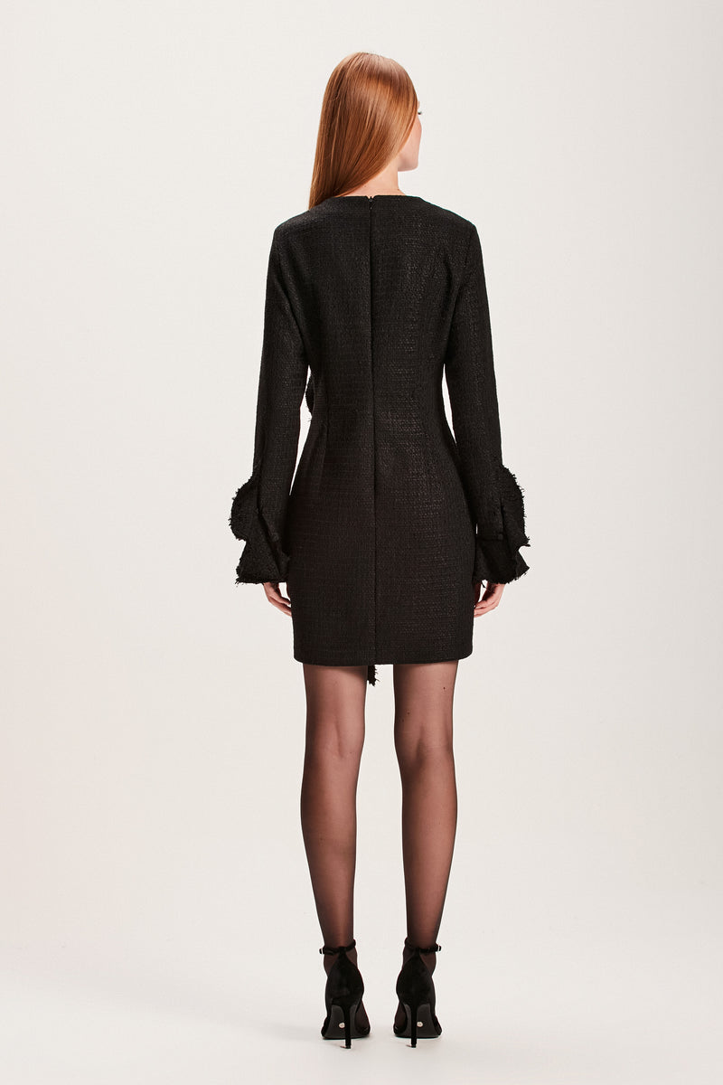 VESTIDO CURTO MANGA LONGA TWEED PRETO (8066583625955)