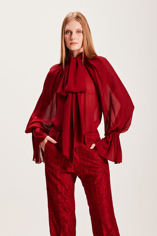 CAMISA GEORGETE LAÇO BORDÔ TINTURADA (8066582053091)