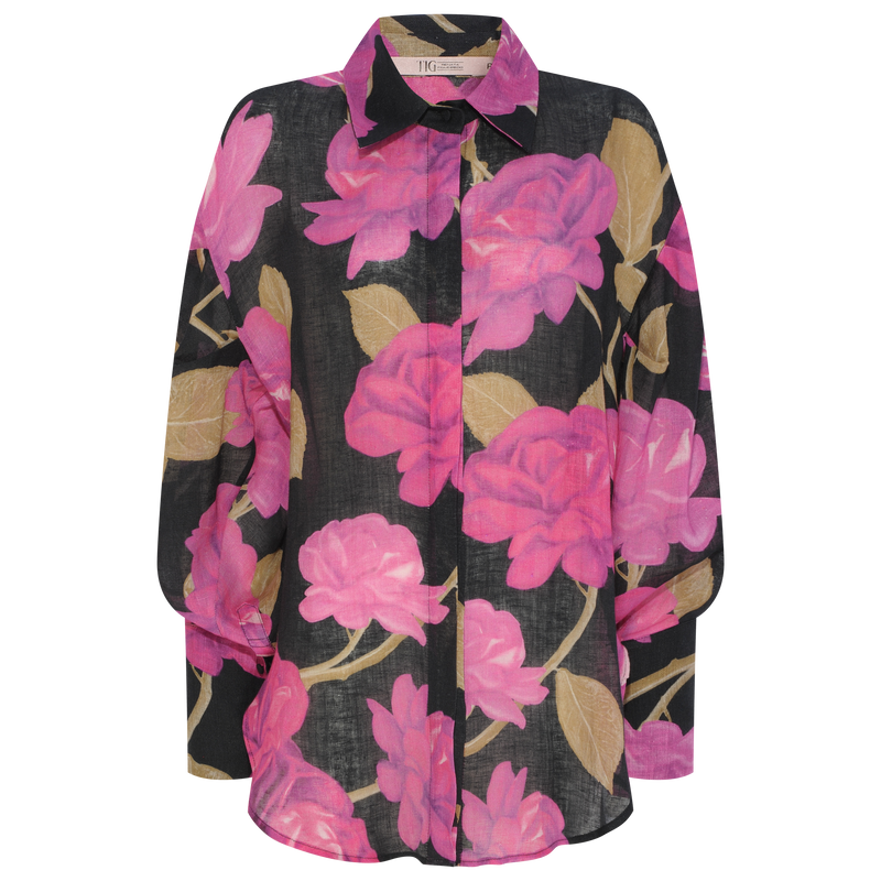 CAMISA ORGANZA DE LINHO ESTAMPA FLORAL PRETA E ROSA (7815416578275)