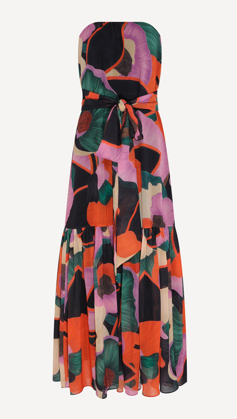 VESTIDO LONGO TOMARA QUE CAIA BABADO ESTAMPA FLORAL ESCURA (8030304207075)