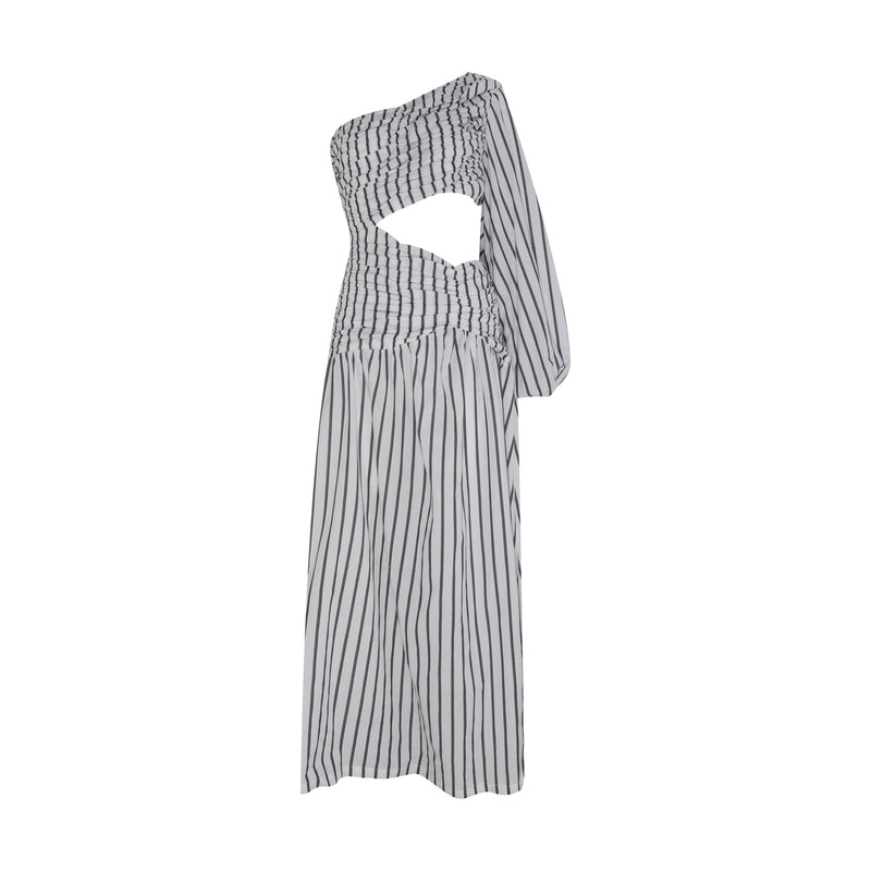 VESTIDO LONGO DRAPEADO TRICOLINE LISTRADA BRANCA (8003072327907)