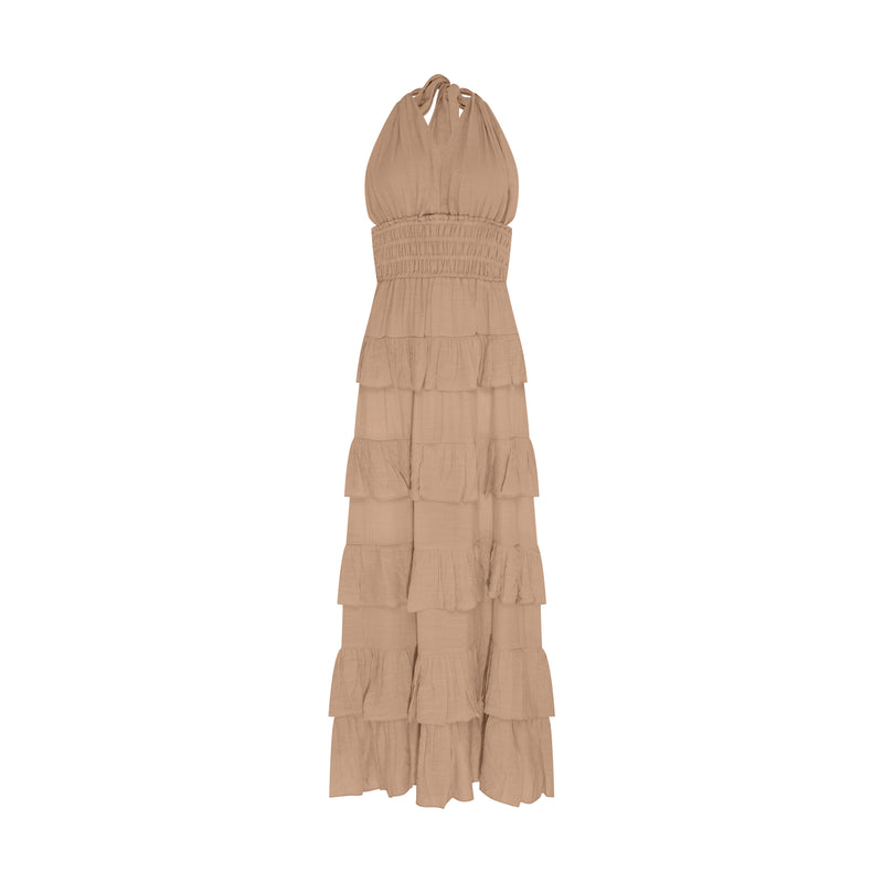 VESTIDO LONGO BABADOS FRENTE UNICA BEGE (8003072164067)
