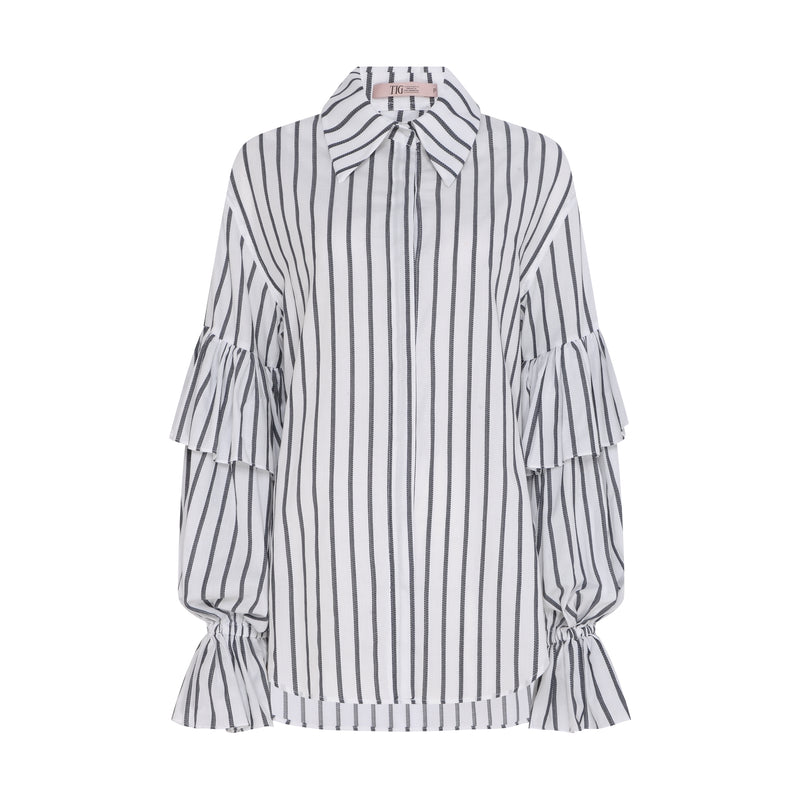 CAMISA TRICOLINE LISTRADA BRANCA MANGA BABADOS (8003070165219)