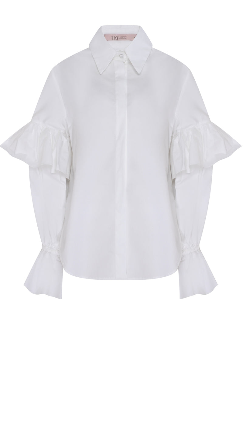 CAMISA TRICOLINE MANGA BABADOS BRANCA (8066582151395)
