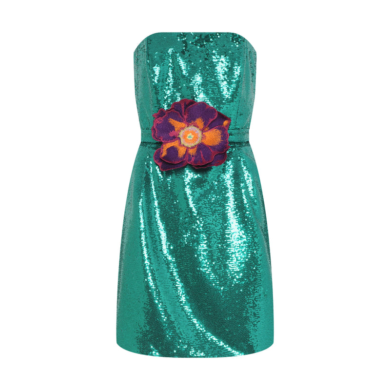 VESTIDO CURTO TOMARA QUE CAIA PAETE VERDE FLOR BORDADA (7893688156387)