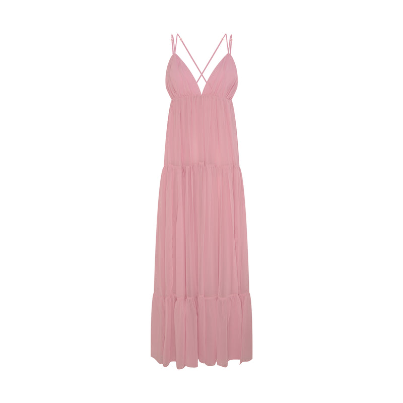 VESTIDO LONGO CAMADAS ALÇA ROSA (7893689303267)