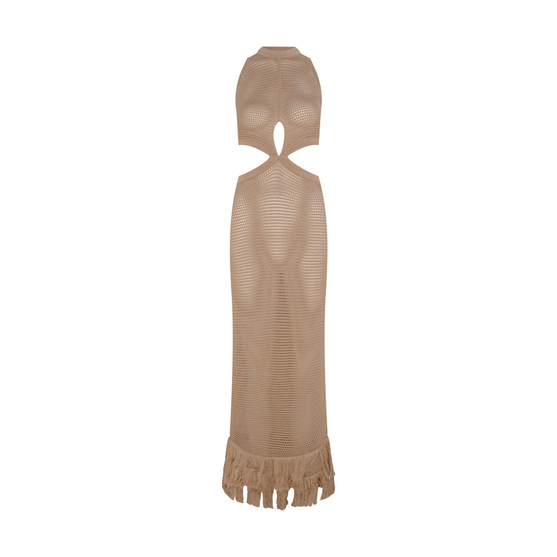 VESTIDO LONGO TRICOT CARAMELO FRANJAS ABERTURA CINTURA (7939250454755)