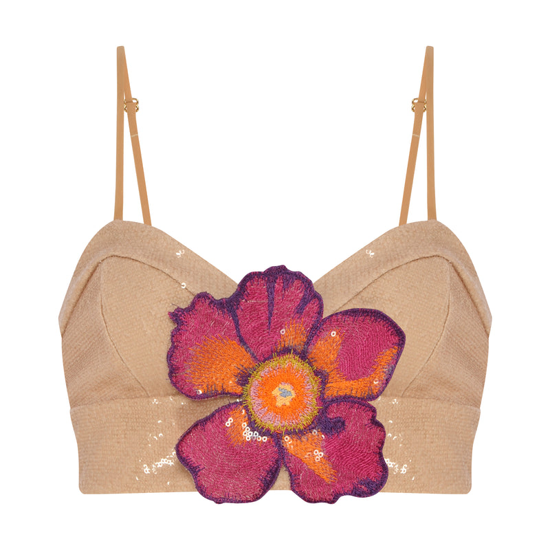 TOP CROPPED RECORTES PAETE BEGE FLOR BORDADA (7893686649059)